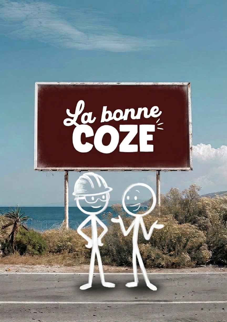 Panneau La Bonne Coze avec deux personnages stylisés au bord de la mer